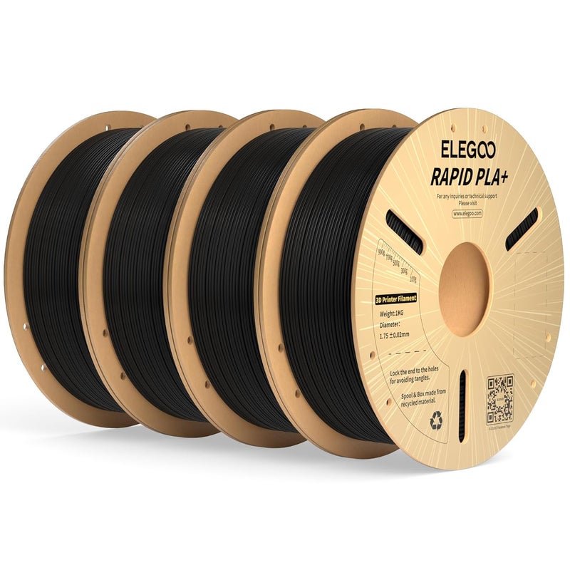 ELEGOO خيوط PLA Plus سريعة 1.75 مم سوداء 4 كجم، خيوط طابعة ثلاثية الأبعاد PLA+ لطباعة عالية السرعة من 30-600 مم/ث، دقة أبعاد +/- 0.02 مم، عبوة 4 خيوط 1 كجم (2.2 رطل) - Image 1